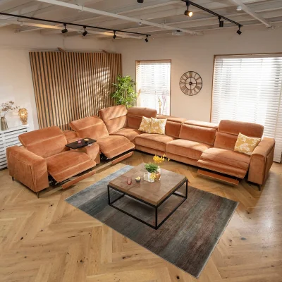 Quatropi Large 6 Seater Recliner L-Shape Corner Sofa & Storage Console Orange 391x342cm