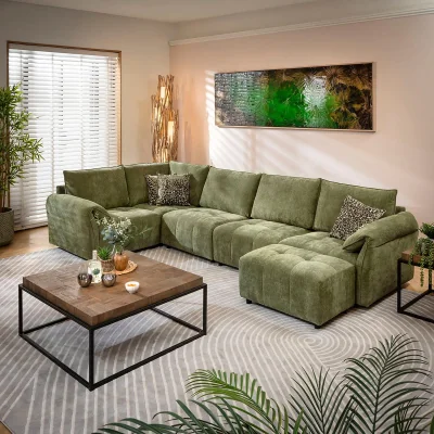 Quatropi Modern L-Shape Corner Sofa 5 Seater Modular Settee Olive Green Fabric 323x173cm 8