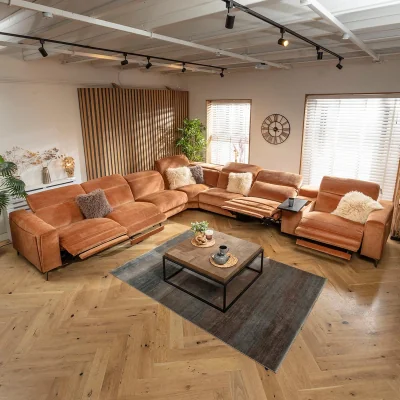 Quatropi Modern 7 Seater Recliner L-Shape Corner Sofa & Storage Console Orange 424x391cm