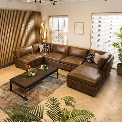 Quatropi U Shape Corner Sofa Footstool Chaise 6 Seater Sectional Sofa Brown 6R