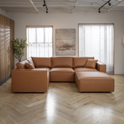 Quatropi Modern Leather 4 Seater Modular Corner Sofa Couch Tan 306x208cm