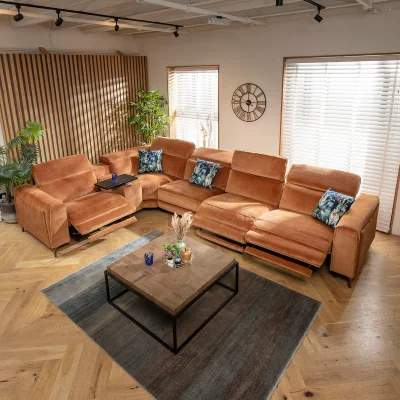 Quatropi Modern 5 Seater Recliner L-Shape Corner Sofa & Storage Console Orange 391x260cm
