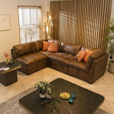 Quatropi Quatropi 4 Seater Small Modular L Shape Corner Sofa Set Brown 12R