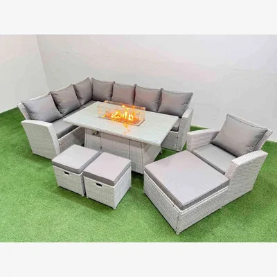 The Range Fimous 10-Seater Rattan Corner Sofa with Gas Fire Pit Table Light Grey - Light Grey Mixed rattan with dark grey fabric