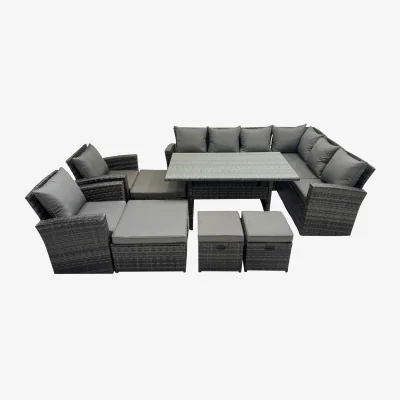 The Range Fimous Rattan 12-Seater Patio Corner Sofa and Dining Set Dark Grey Mixed - Dark Grey Mixed