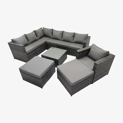 The Range Fimous Dark Grey Rattan Corner Sofa Set with Coffee Table - Dark grey mixed rattan with dark grey fabric