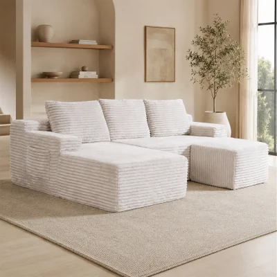 The Range MIMO Modular Chaise Sofa Set with Storage, Square Ottoman, Corduroy Fabric - Grey