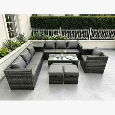 The Range Fimous 9-Seater Rattan Corner Sofa Set with Side Table, Armchair - Dark Grey