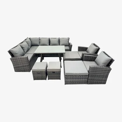The Range Fimous 11-Seat Rattan Corner Sofa & Dining Set, Dark Grey Mixed - Dark Grey Mixed