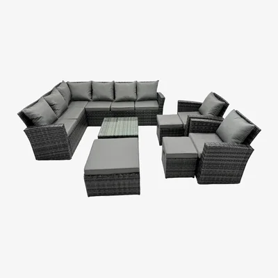 The Range Fimous 11-Seat PE Rattan Corner Sofa Set with Coffee Table - Dark Grey - Dark grey mixed rattan with dark grey fabric
