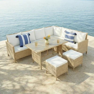 The Range Bideford 8-Seat Rattan Corner Dining Sofa Set  - Natural Rattan / Tempered Glass / White