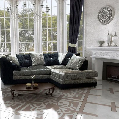 The Range Swift Crushed Velvet 4 Seater Corner Sofa - Black-Grey / Right-hand