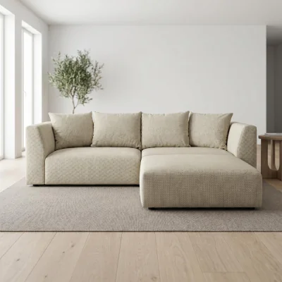 The Range Tokyo Corner Sofa in Deep Black Basket Weave Fabric with Deep Seat - Warm Beige