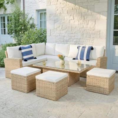 The Range Pelias Rattan Corner Sofa Set with Rising Table 8 Seats - Natural