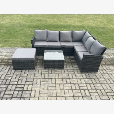 The Range Fimous 7-Seater Rattan Corner Sofa Set with Square Table & Footstool - Dark Grey - Dark grey mixed rattan with dark grey fabric