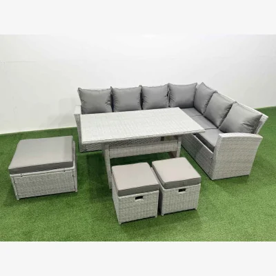 The Range Fimous 9-Seater High-Back Rattan Corner Patio Dining Sofa Set with Glass Table and 3 Footstools. - Light Grey Mixed
