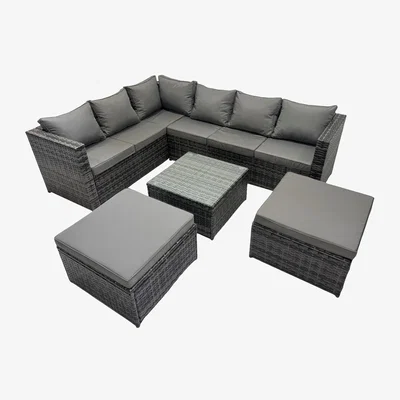 The Range Fimous 8-Seater Dark Grey Mixed Rattan Corner Sofa Set with Square Coffee Table. - Dark Grey Mixed