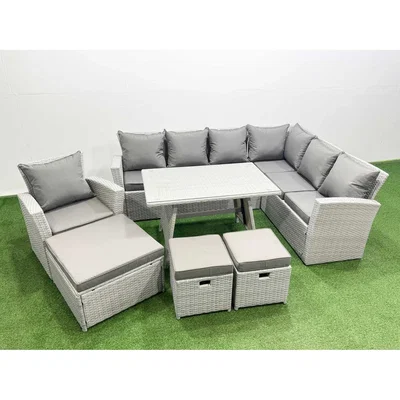 The Range Fimous Rattan Corner Sofa Set with Glass Dining Table and Armchair, Light Grey - Light Grey Mixed