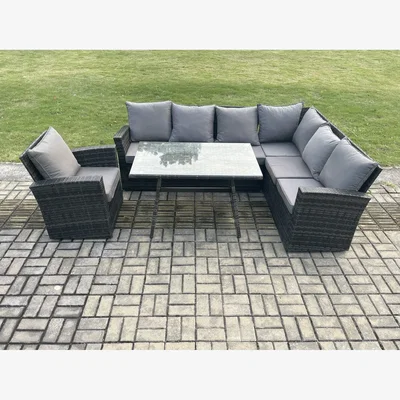 The Range Fimous 7-Seater Rattan Corner Sofa & Dining Set with Tempered Glass Table - Dark Grey Mixed - Dark grey mixed rattan with dark grey fabric
