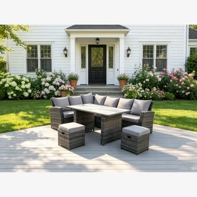 The Range 8 Seater High Back Rattan Corner Sofa Dining Set - Dark Grey Mixed