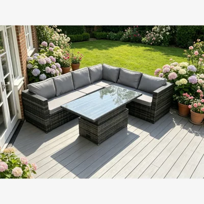 The Range 6 Seater Rattan Corner Sofa Set Seat And Back Cushion - Dark Grey Mixed