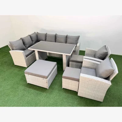 The Range Fimous 11-Seater Wicker Rattan Corner Sofa Set with Tempered Glass Table, Light Grey - Light Grey Mixed