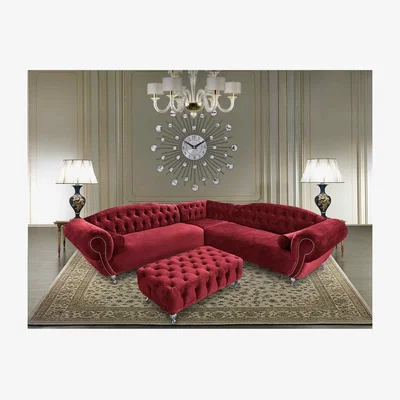 The Range Lavis Corner Sofa with Footstool in Velour Fabric - Red