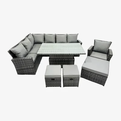 The Range Fimous Poly Rattan Corner Sofa Set with Adjustable Rising Table & 3 Stools - Dark Grey Mixed