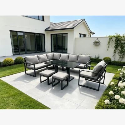 The Range Fimous 9-Seater Corner Sofa Set with Rising Dining Table, Footstools - Dark Grey
