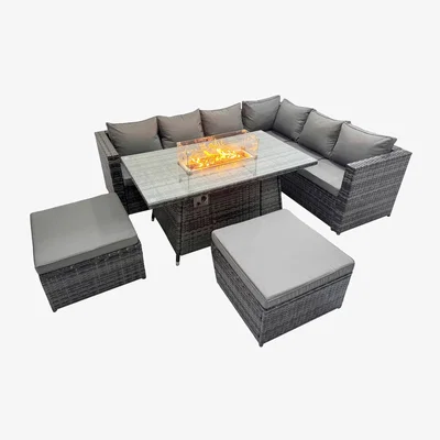 The Range Fimous 8-Seater Rattan Corner Sofa Set with Gas Firepit and 2 Stools - Dark Grey