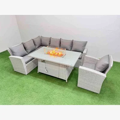 The Range Fimous 7-Seat Rattan Corner Sofa Set with Gas Fire Pit Table, Light Grey. - Light Grey Mixed rattan with dark grey fabric