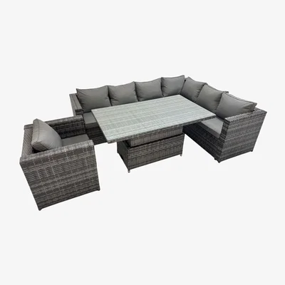 The Range Fimous 7 Seater Rattan Height-Adjustable Rising Table Corner Sofa Set in Dark Grey. - Dark grey mixed rattan with dark grey fabric