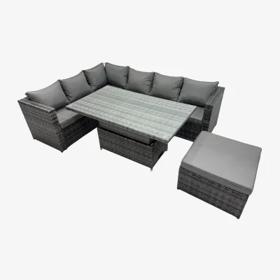 The Range Fimous 7-Seater Height-Adjustable Corner Sofa and Rising Dining Table Set, Dark Grey. - Dark grey mixed rattan with dark grey fabric
