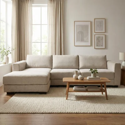 The Range Kaizer Corner Sofa with Bubble Fabric Left Facing Dark Blue - Light Brown