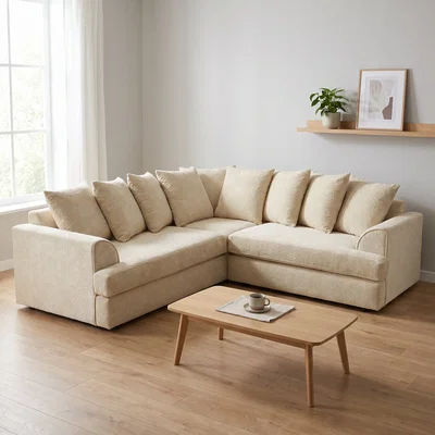 The Range Ferguson Bouclé Corner Sofa with Deep Seats and Angular Arms in Cream - Sand