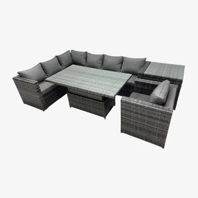 The Range Fimous 7-Seater Adjustable Height Rattan Corner Sofa and Rising Dining Table Set Dark Grey - Dark grey mixed rattan with dark grey fabric