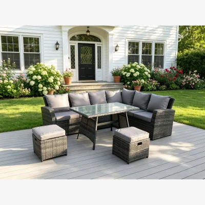 The Range High Back Rattan Corner Sofa Set with Dining Table Right Option