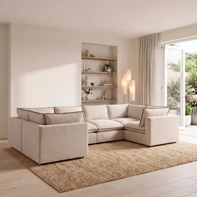 The Range Echo Linen-Look Fabric 5 Seater U-Shaped Modular Corner Sofa - Cream & Green Trim