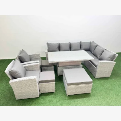 The Range Fimous 11-Seat Rattan Corner Sofa Set with Adjustable Lifting Table Light Grey - Light Grey Mixed