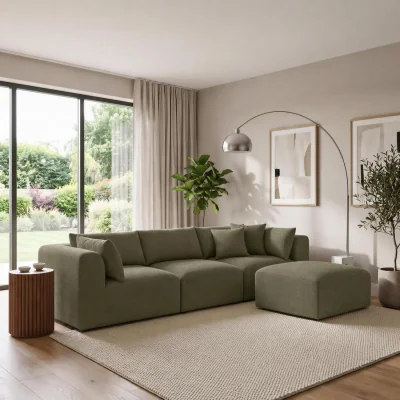 The Range Drift Boucle Fabric 3 Seater Modular Chaise Sofa - Green