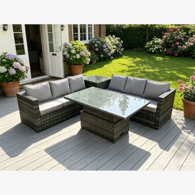 The Range 6 Seater PE Rattan Corner Sofa Set Rising Adjustable Dining Table Sets - Dark Grey Mixed