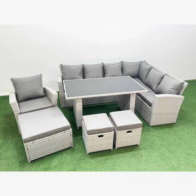 The Range Fimous 10-Seater Light Grey Rattan Corner Sofa Set with Tempered Glass Dining Table. - Light Grey Mixed