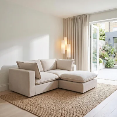The Range Echo Linen-Look Trim Fabric 2 Seater Modular Chaise Sofa - Cream