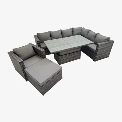 The Range Fimous 8-Seater PE Rattan Corner Sofa Set with Height-Adjustable Table, Dark Grey Mixed - Dark Grey Mixed