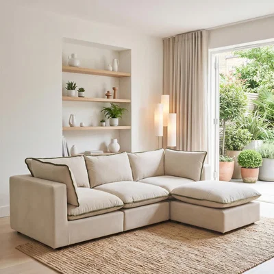 The Range Echo Linen-Look Fabric 3 Seater Modular Chaise Sofa - Cream & Green Trim / 198cm