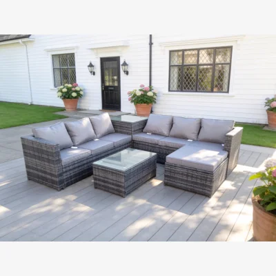 The Range 7 Seater Rattan Corner Sofa Lounge Sofa Set Oblong Coffee Table - Dark Grey Mixed