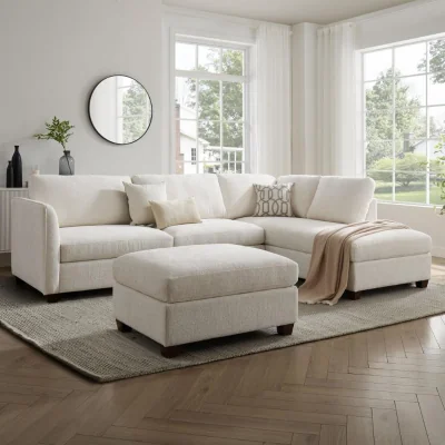 The Range Ben Corner sofa With Footstool - Cream Chenille