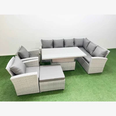 The Range Fimous 9-Seat Rattan Corner Sofa Set with Adjustable Lift Table Light Grey - Light grey rattan + dark grey fabric