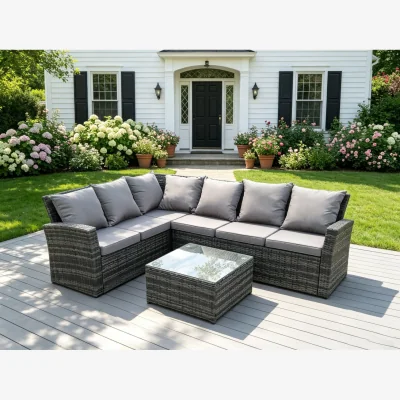The Range Fimous High-Back Rattan Corner Sofa Set with Coffee Table - Dark Grey Mixed