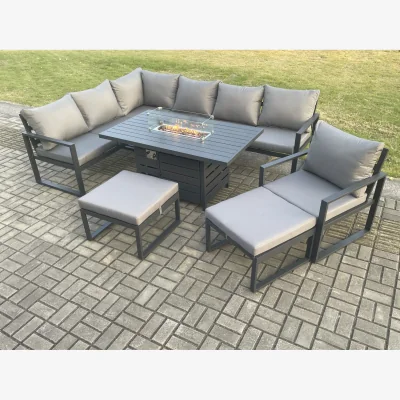 The Range Fimous Aluminium Patio Corner Sofa Set with Gas Fire Pit Dining Table, Chair & 2 Footstools. - Dark Grey